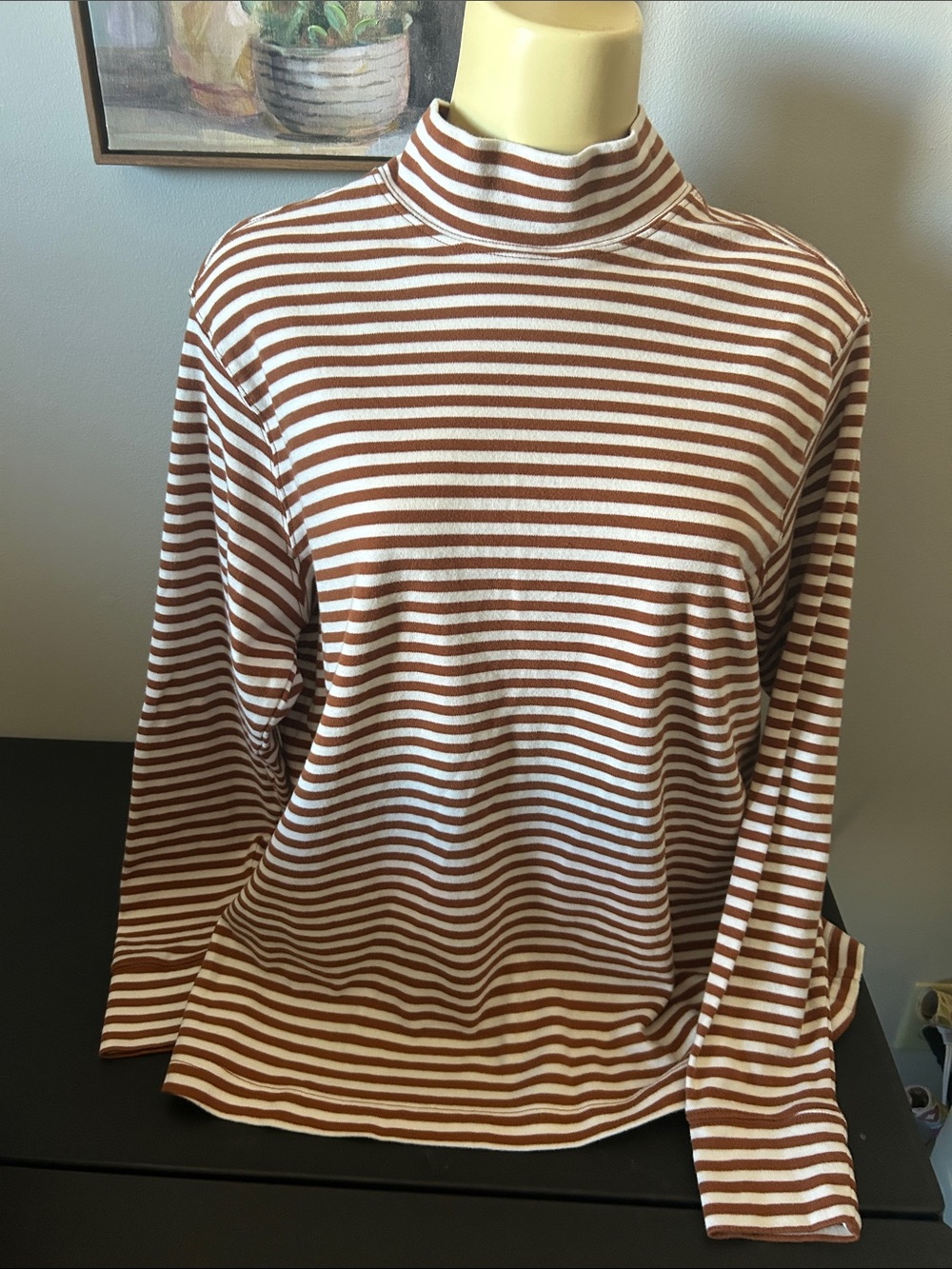 Lands' End Brown and White Striped Mock Neck Long-Sleeve Top